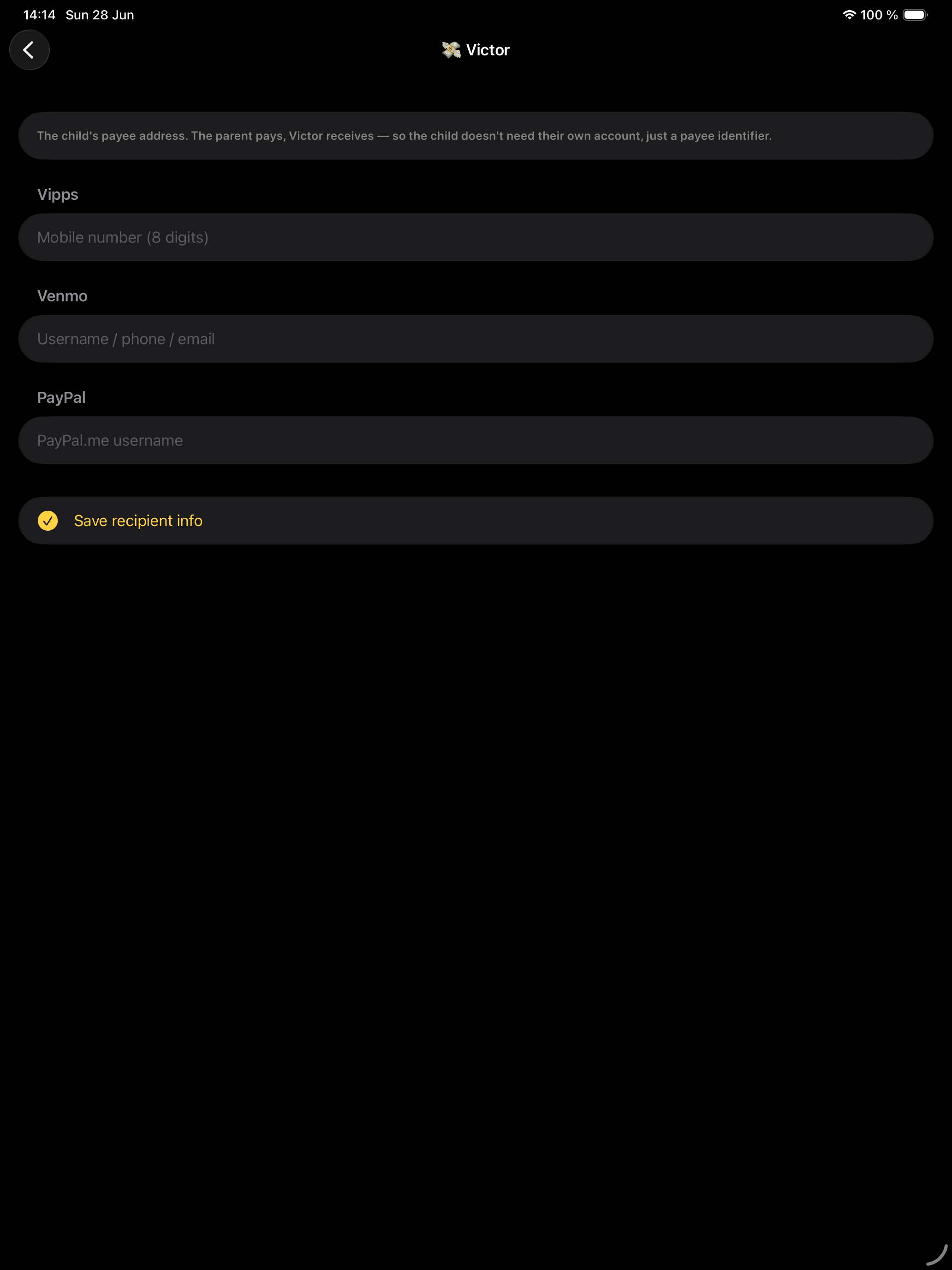 Cash out opens your own payment app, pre-filled — the app never moves money itself.